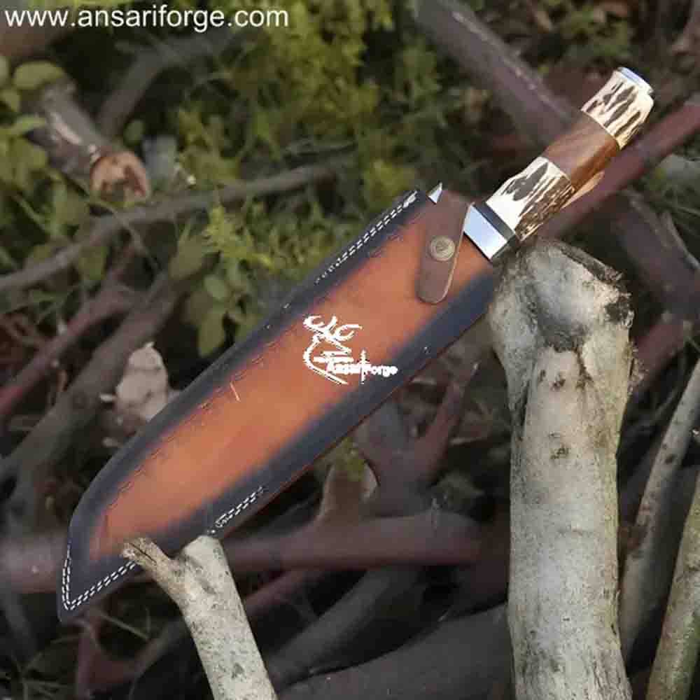 Ansari Forge Sekhmet 17" Custom Bowie Knife - Stag antler handle & Leather sheath