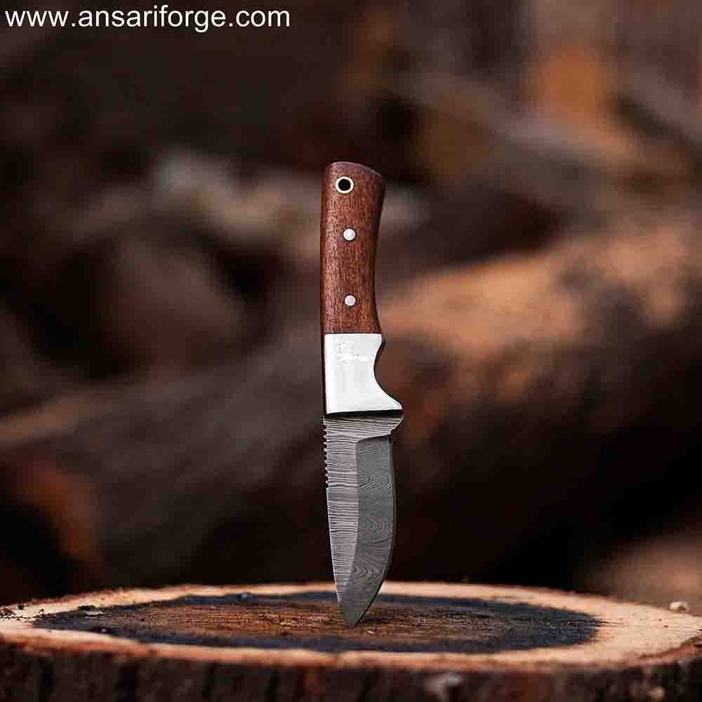 Hephaestus Damascus Steel Hunting Knife with Twist Pattern Blade, Rosewood Handle, and Leather Sheath