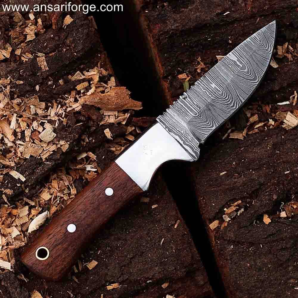Handmade Damascus Steel Hunting Knife, Rosewood Handle, Leather Sheath - Hephaestus by Ansari Forge