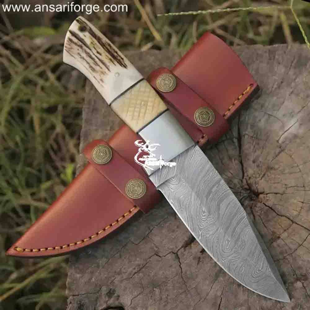 Hand-Forged Twist Damascus Knife, 9" Stag Antler & Camel Bone Handle