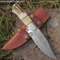 Hand-Forged Twist Damascus Knife, 9" Stag Antler & Camel Bone Handle