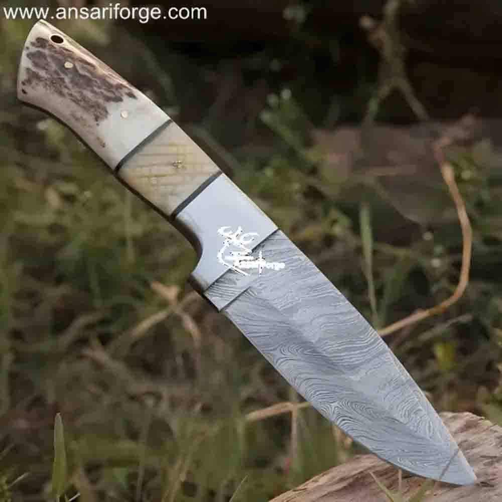 Hand-Forged Twist Damascus Knife, 9" Stag Antler & Camel Bone Handle