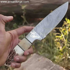 Hand-Forged Twist Damascus Knife, 9" Stag Antler & Camel Bone Handle