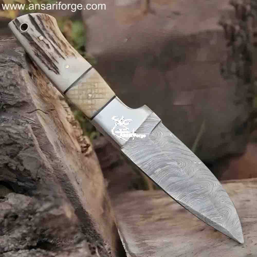 Hand-Forged Twist Damascus Knife, 9" Stag Antler & Camel Bone Handle