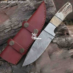 Hand-Forged Twist Damascus Knife, 9" Stag Antler & Camel Bone Handle