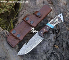Ansari Forge Field Dresser Damascus Steel Gut Hook Knife with Stag Antler Handle