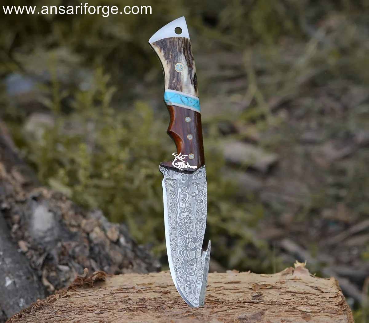 Ansari Forge Field Dresser Damascus Steel Gut Hook Knife with Stag Antler Handle