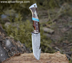 Ansari Forge Field Dresser Damascus Steel Gut Hook Knife with Stag Antler Handle