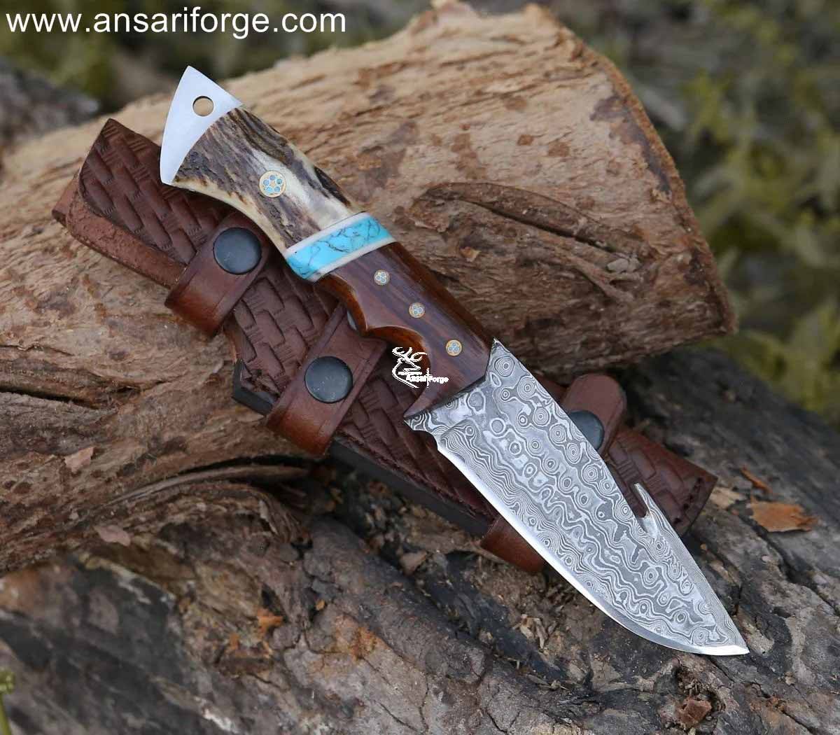 Field Dresser Handmade Damascus Steel Gut Hook Knife With Leather Sheath And Stag Antler Handle