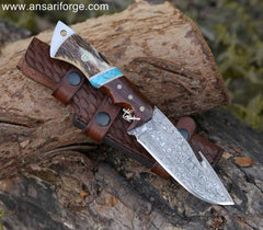Field Dresser Handmade Damascus Steel Gut Hook Knife With Leather Sheath And Stag Antler Handle