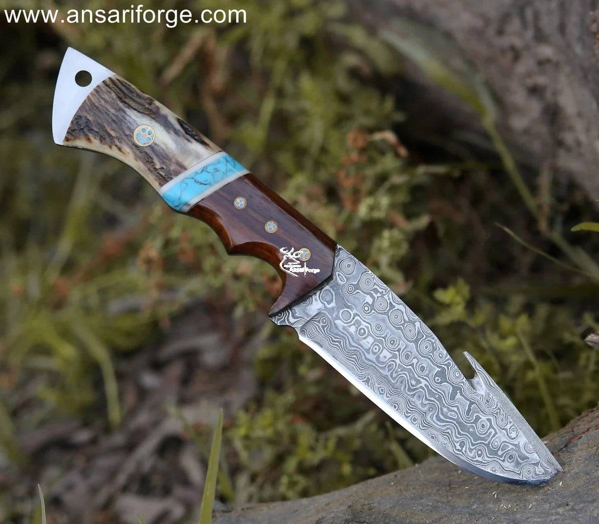 Ansari Forge Field Dresser Damascus Steel Gut Hook Knife with Stag Antler Handle