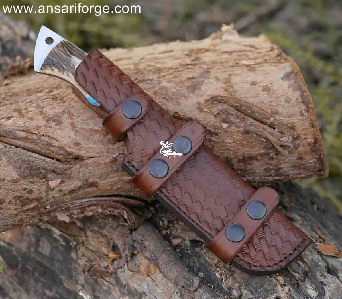 Ansari Forge Field Dresser Damascus Steel Gut Hook Knife with Stag Antler Handle & leather sheath