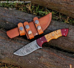 Custom Hand-forged Damascus Steel Hunting Knife with Leather Sheath