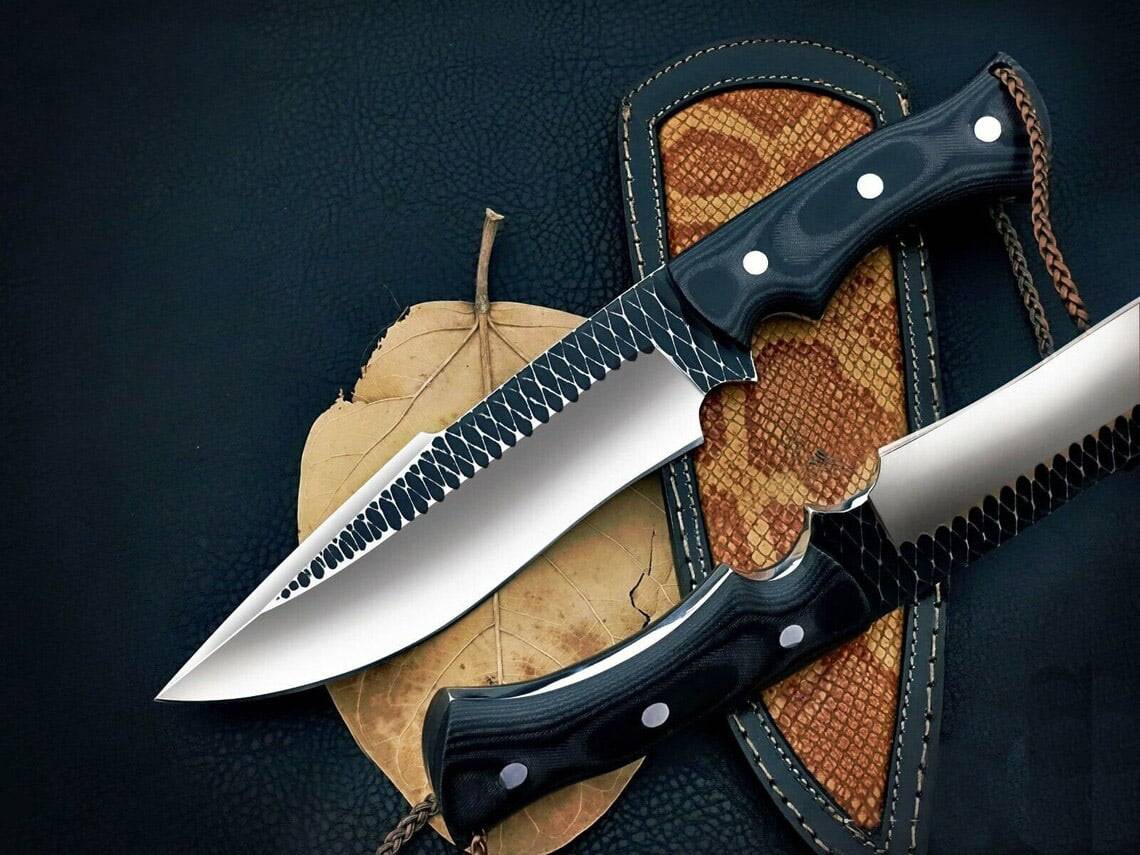 Custom handmade D2 steel hunting knife with leather sheath