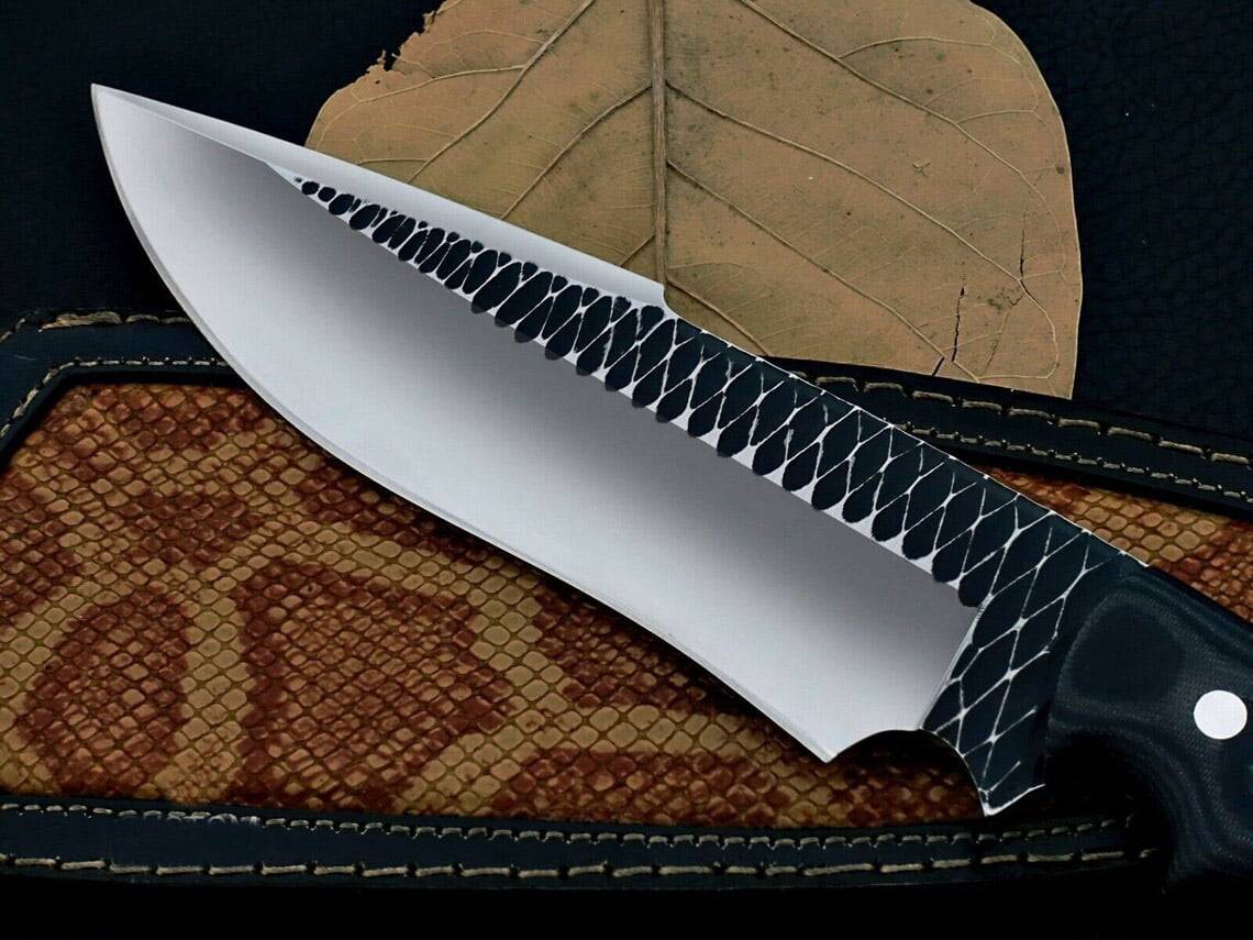 Custom handmade D2 steel hunting knife with leather sheath