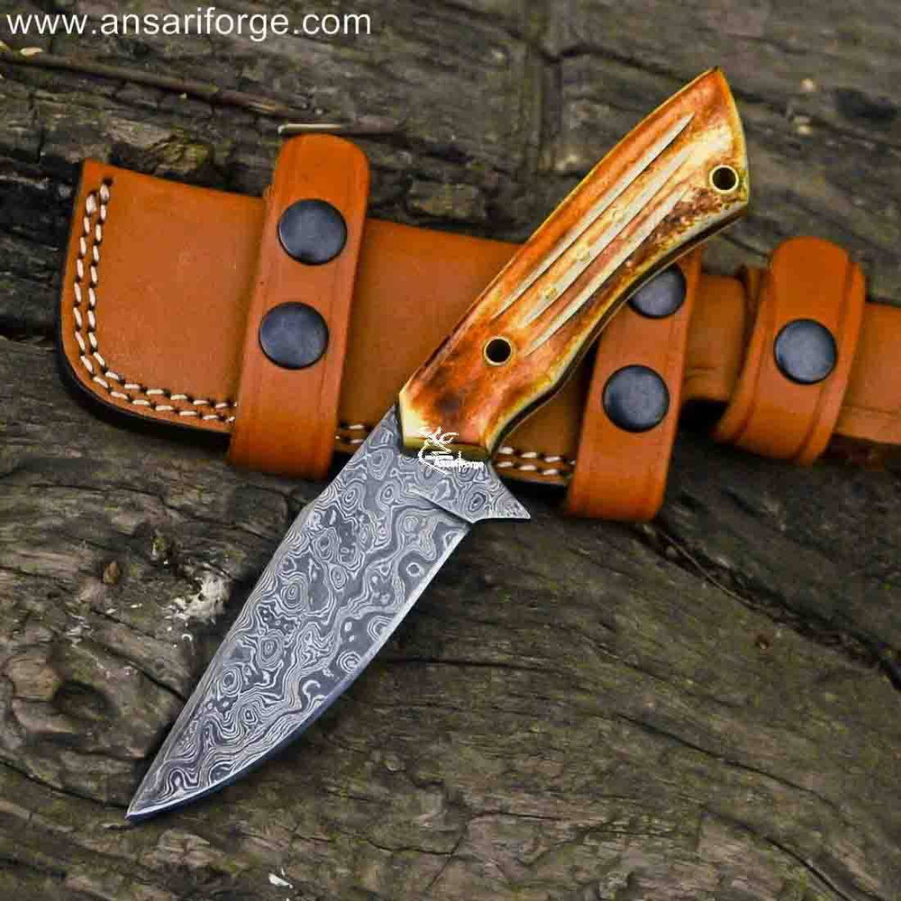 Damascus Hunting Knife - Handmade with Camel Bone Handle and Leather Sheath