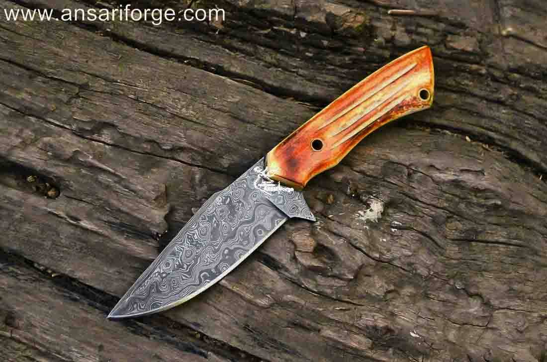 Hand forged Damascus hunting knife with camel bone handle and genuine cowhide leather sheath