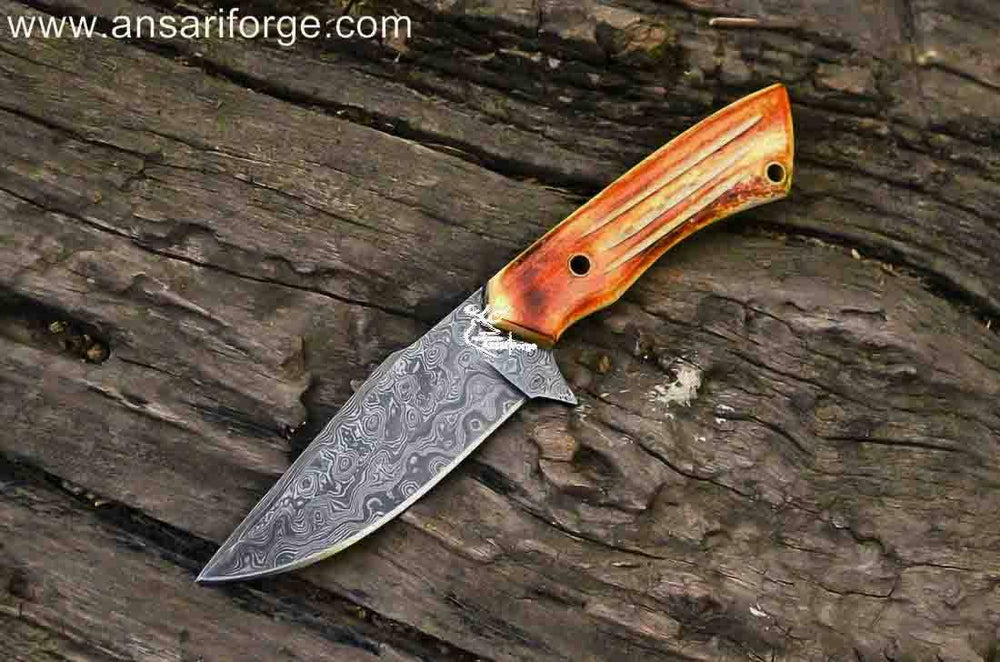 Hand forged Damascus hunting knife with camel bone handle and genuine cowhide leather sheath