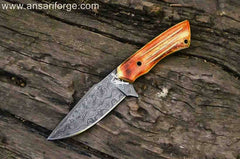 Hand forged Damascus hunting knife with camel bone handle and genuine cowhide leather sheath