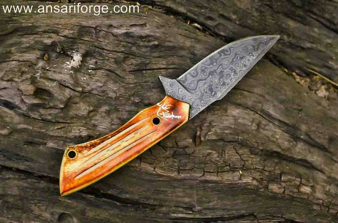 Hand forged Damascus hunting knife with camel bone handle and genuine cowhide leather sheath
