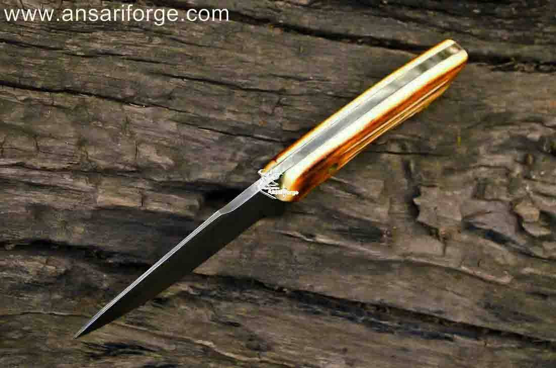Hand forged Damascus hunting knife with camel bone handle and genuine cowhide leather sheath