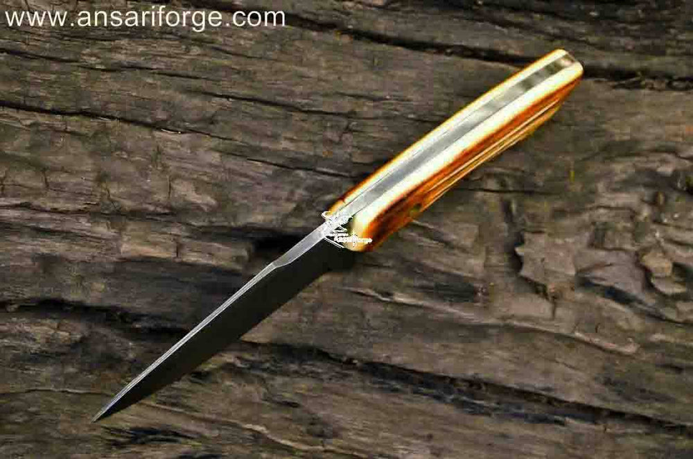 Hand forged Damascus hunting knife with camel bone handle and genuine cowhide leather sheath