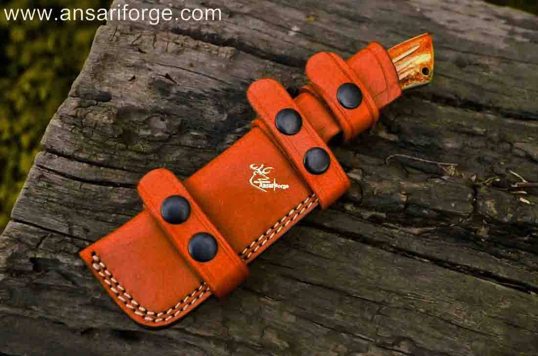 Hand forged Damascus hunting knife with camel bone handle and genuine cowhide leather sheath