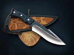 Custom handmade D2 steel hunting knife with leather sheath