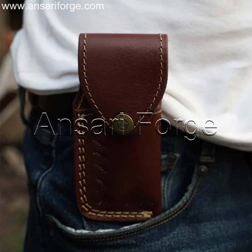 Close-up of the included high-quality leather pouch for the Custom Damascus Folding Pocket Knife.