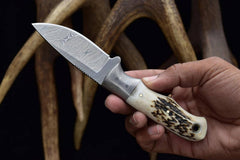 8 inch Handmade Damascus Steel Hunting knife Handle Deer Antler With Leather Sheath