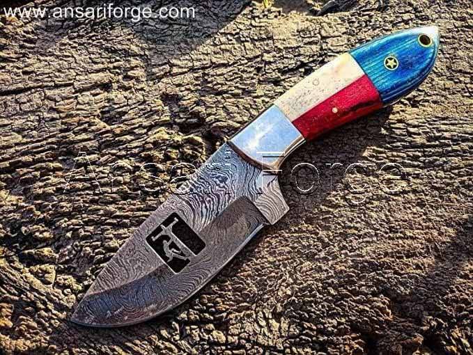 Handmade Damascus Steel Hunting Knife with Camel Bone Texas Flag Handle