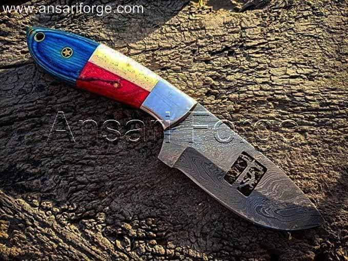 Handmade Damascus Steel Hunting Knife with Camel Bone Texas Flag Handle