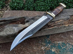 Custom made high carbon steel Bowie knife with leather sheath