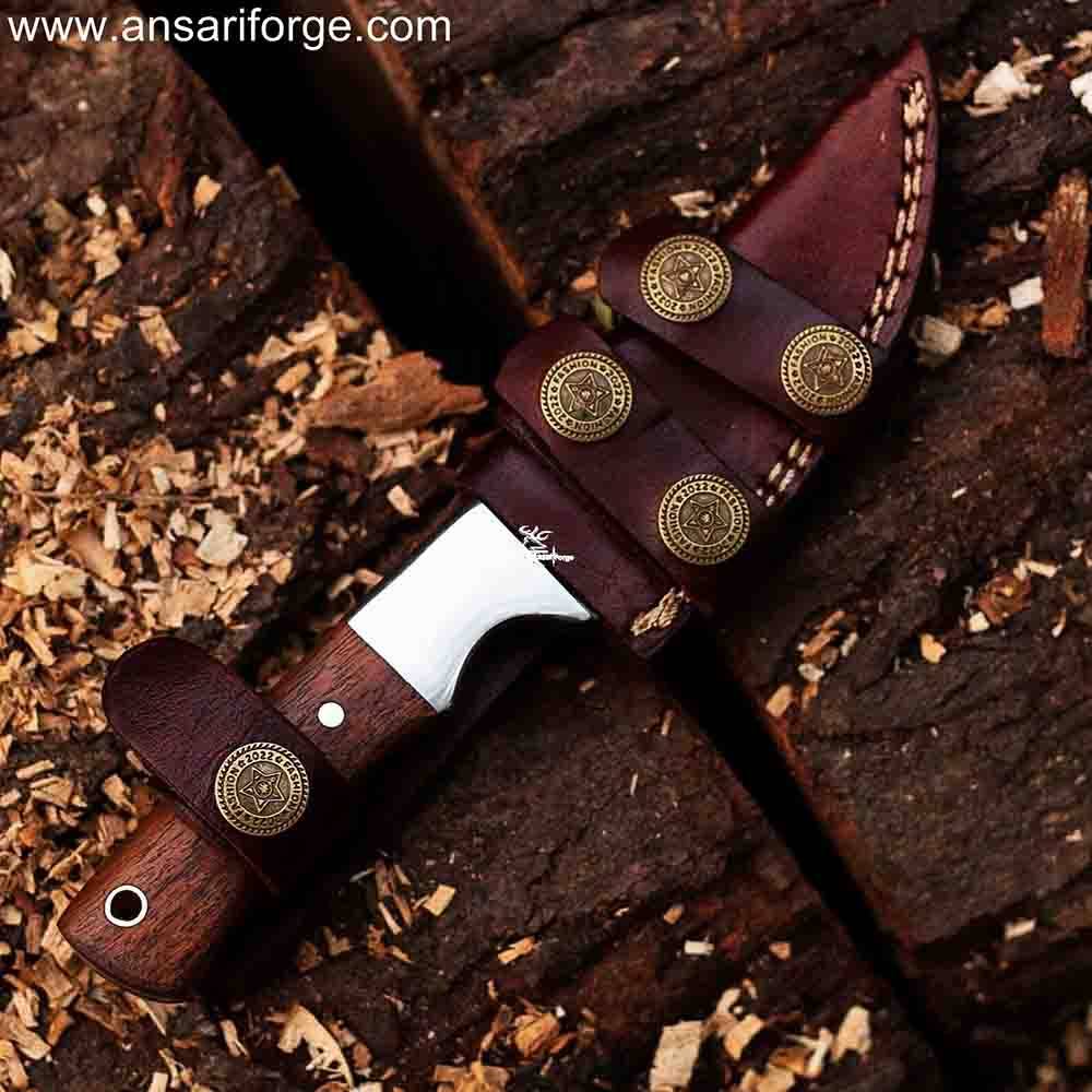 Hephaestus Damascus Steel Hunting Knife with Twist Pattern Blade, Rosewood Handle, and Leather Sheath