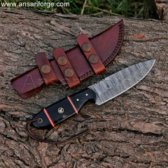 Handcrafted Damascus steel knife with a unique layered pattern & Leather sheath .