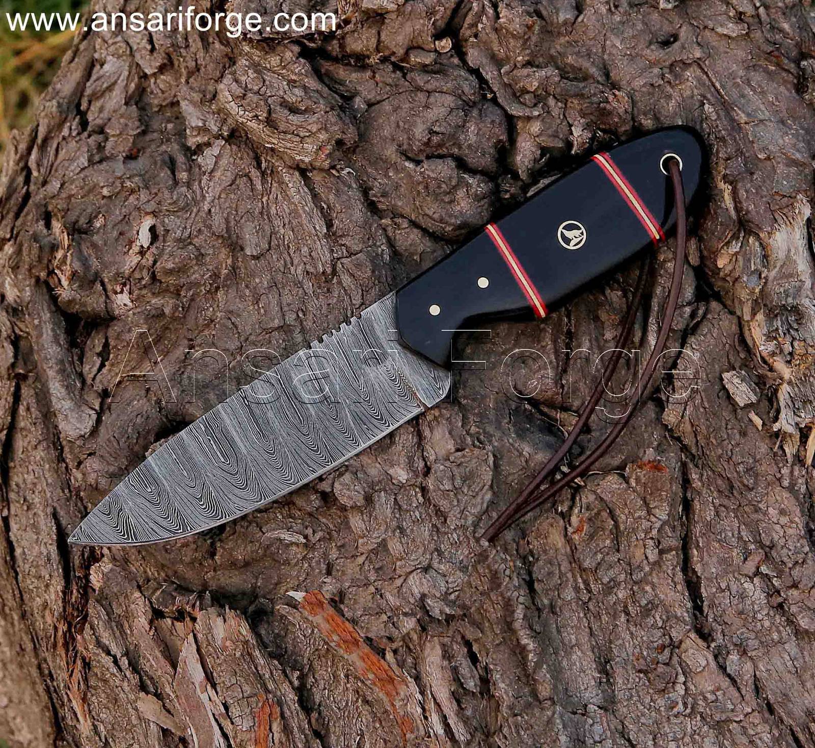 Handcrafted Damascus steel knife with a unique layered pattern.