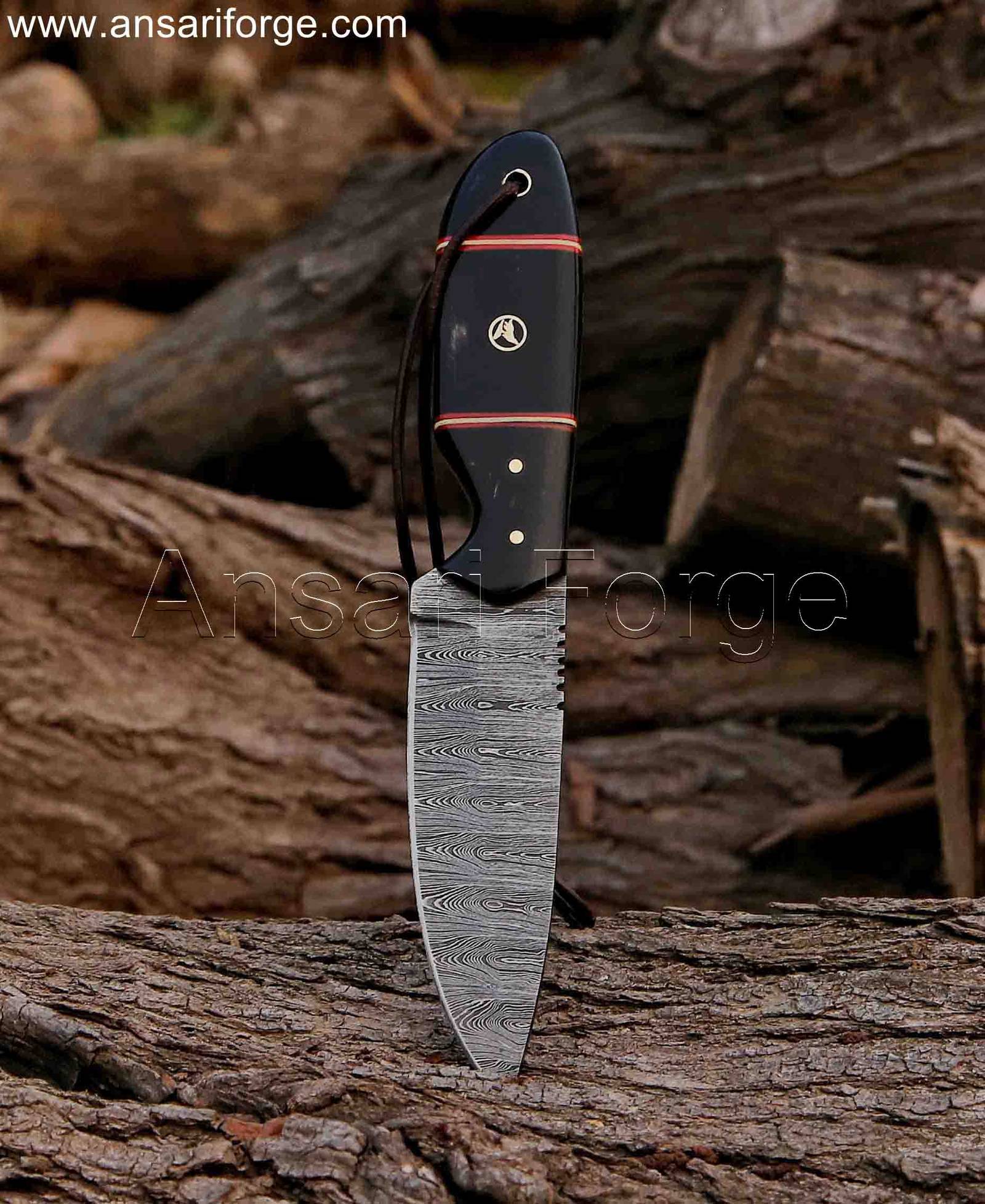 Damascus steel knife easily slicing through wood