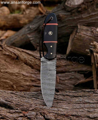 Damascus steel knife easily slicing through wood