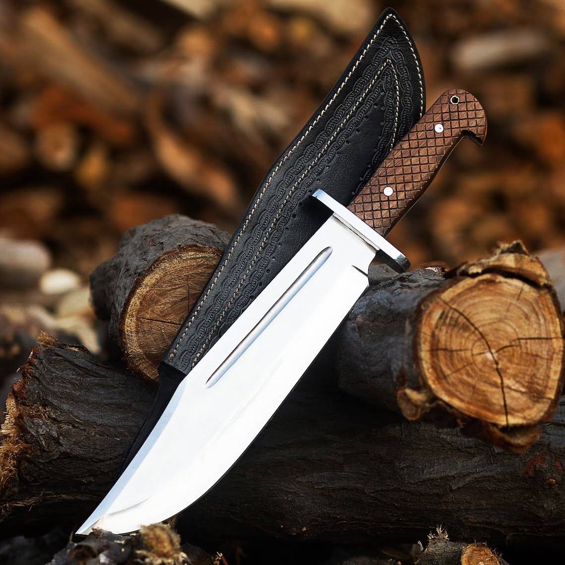 Custom Handmade D2 Steel Bowie Knife Rosewood Handle And Leather Sheath