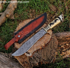 Best Custom Damascus Bowie Knife with Stag Antler Handle & Leather Sheath