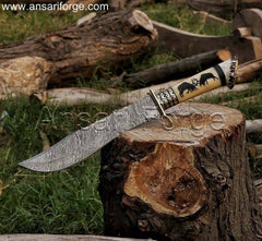 Hand-forged Damascus steel blade with unique fire pattern on Best Custom Bowie Knife