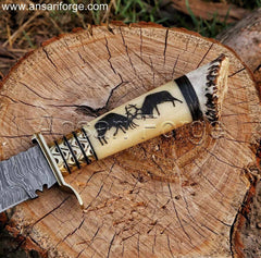 Camel bone or Stag horn & Deer antler handle with scrimshaw artwork on Best Custom Damascus Bowie Knife