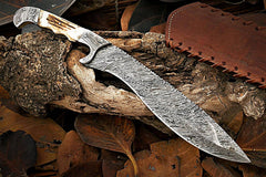 Custom Handmade Damascus Steel Hunting Bowie Knife Stag Handle And Leather Sheath