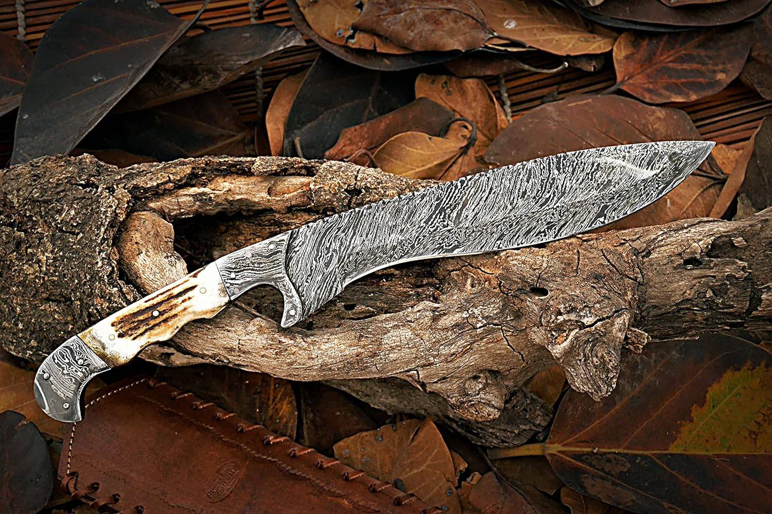 Custom Handmade Damascus Steel Hunting Bowie Knife Stag Handle And Leather Sheath