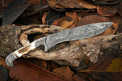 Custom Handmade Damascus Steel Hunting Bowie Knife Stag Handle And Leather Sheath