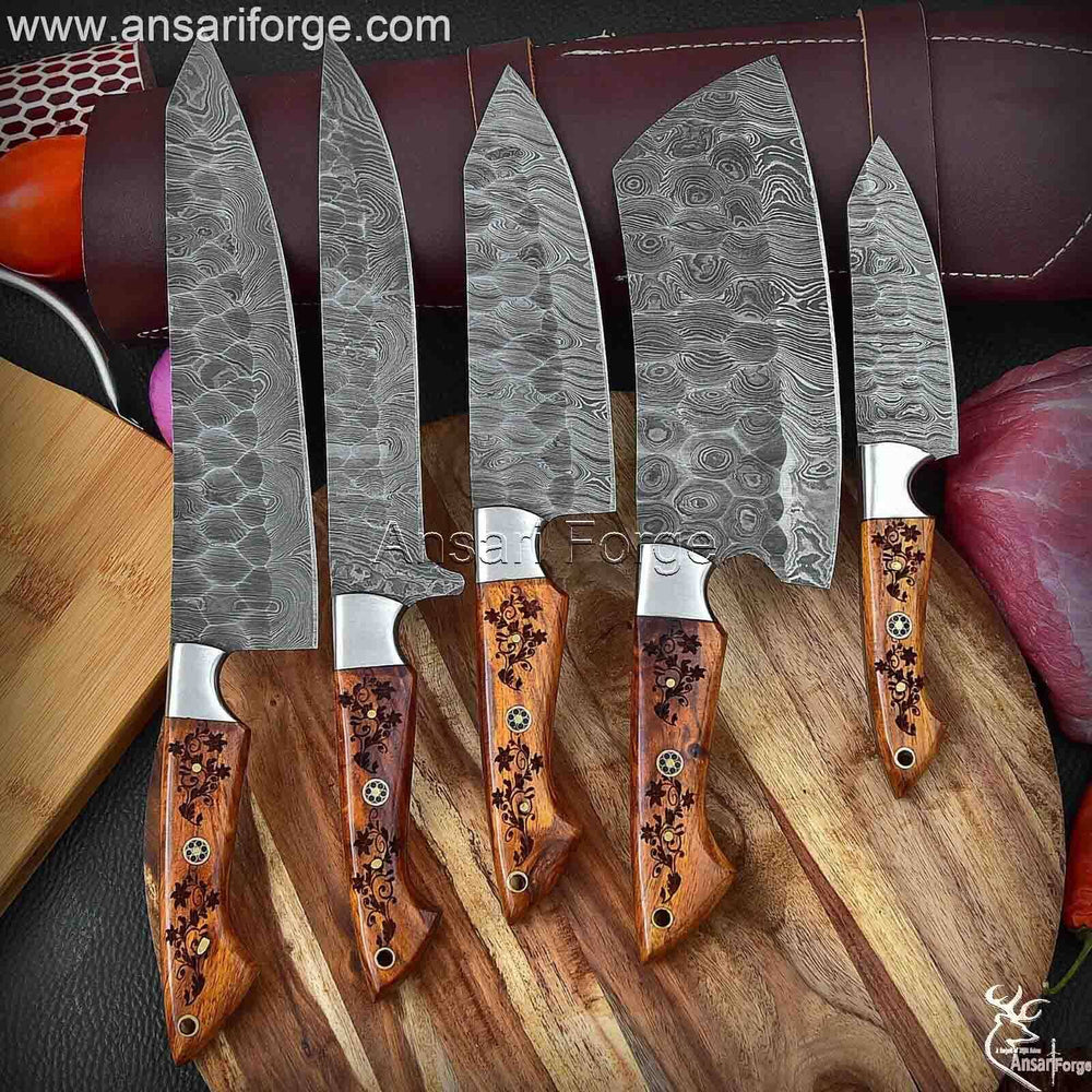 Damascus Chef Knife Set With Roll