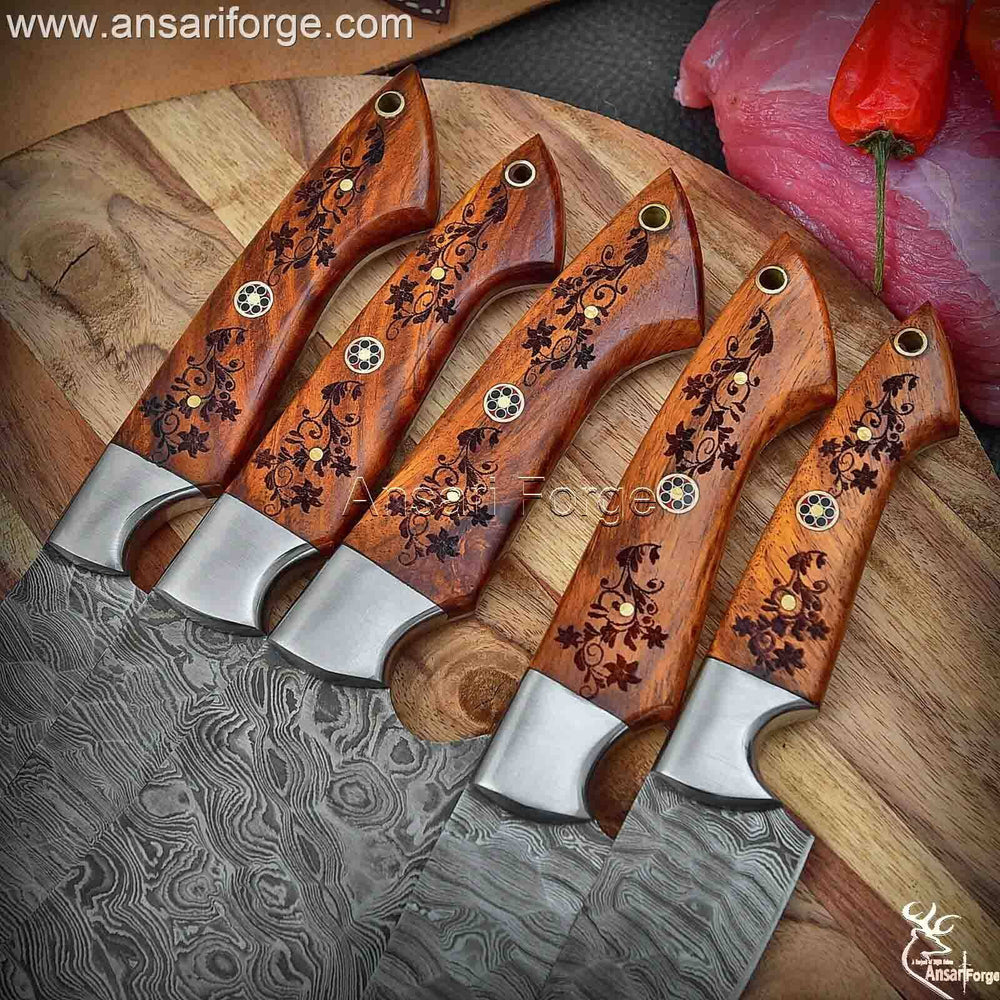Damascus Chef Knife Set Rosewood Handles