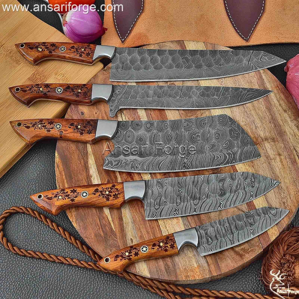 5 Pcs Damascus Chef Knife Set With Roll Bag