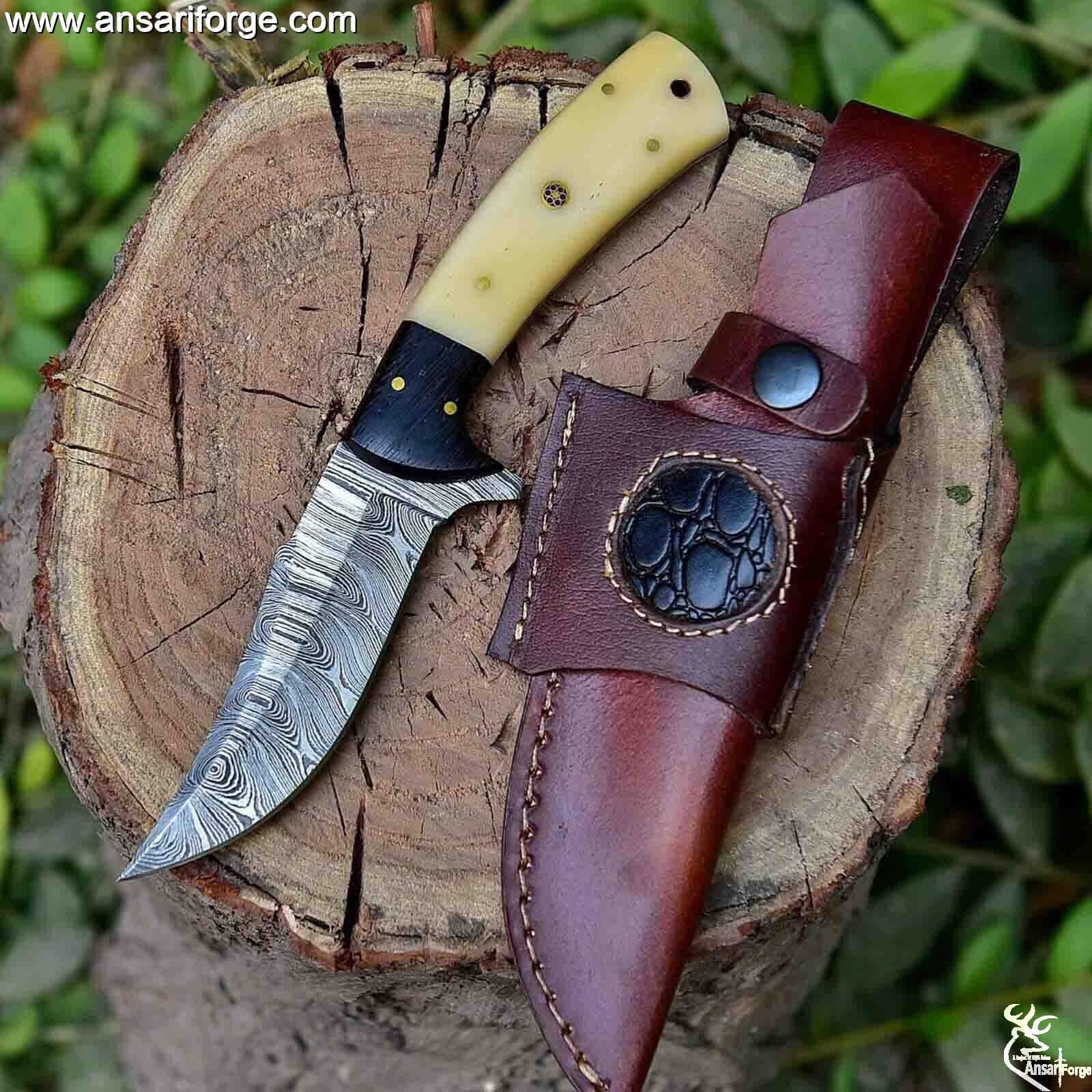 Handmade Damascus Hunting Knife with Sheath | 9'’ EDC Survival Knife for Men | Fixed Blade with Camel Bone Handle