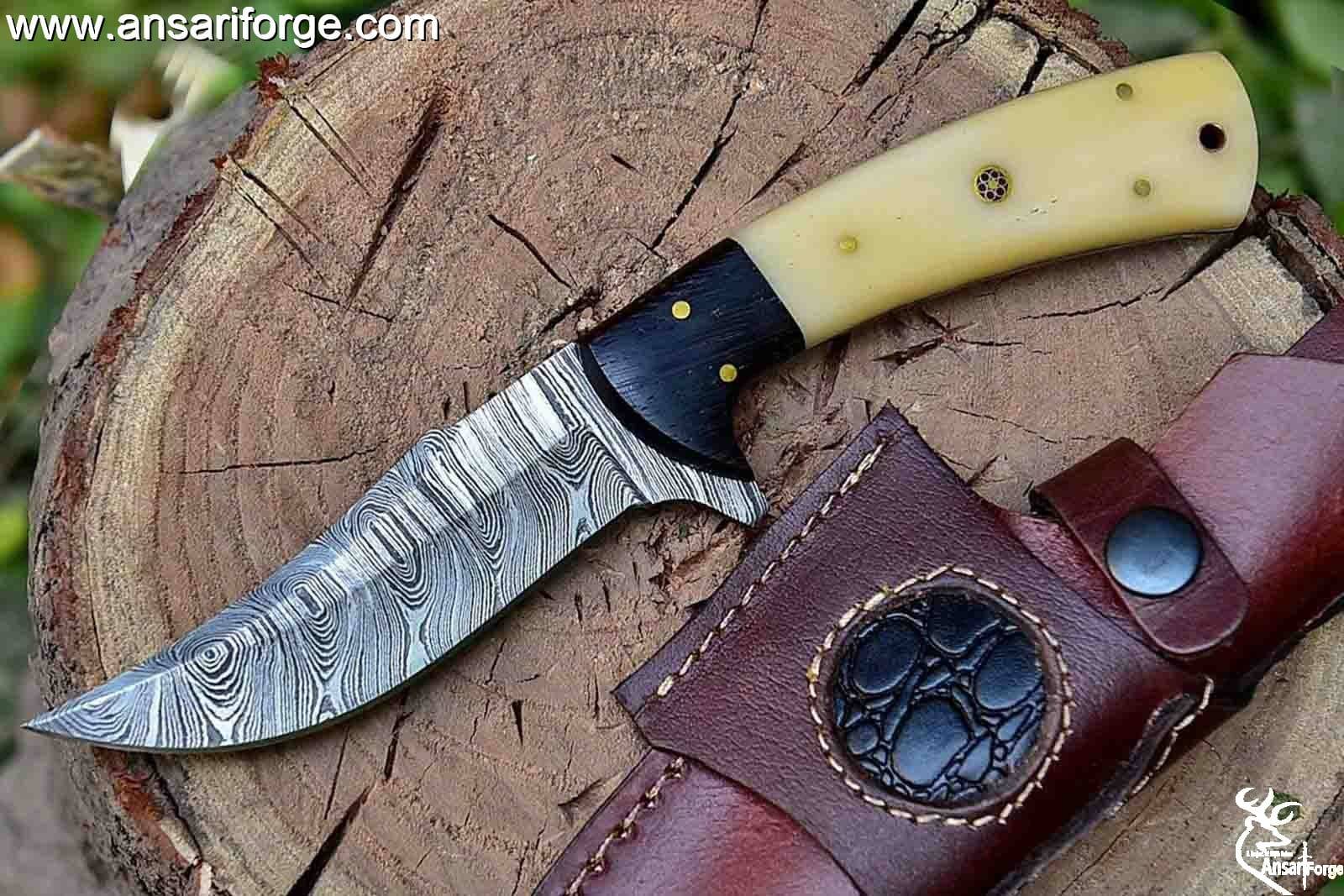 Handmade Damascus Hunting Knife with Sheath | 9'’ EDC Survival Knife for Men | Fixed Blade with Camel Bone Handle .